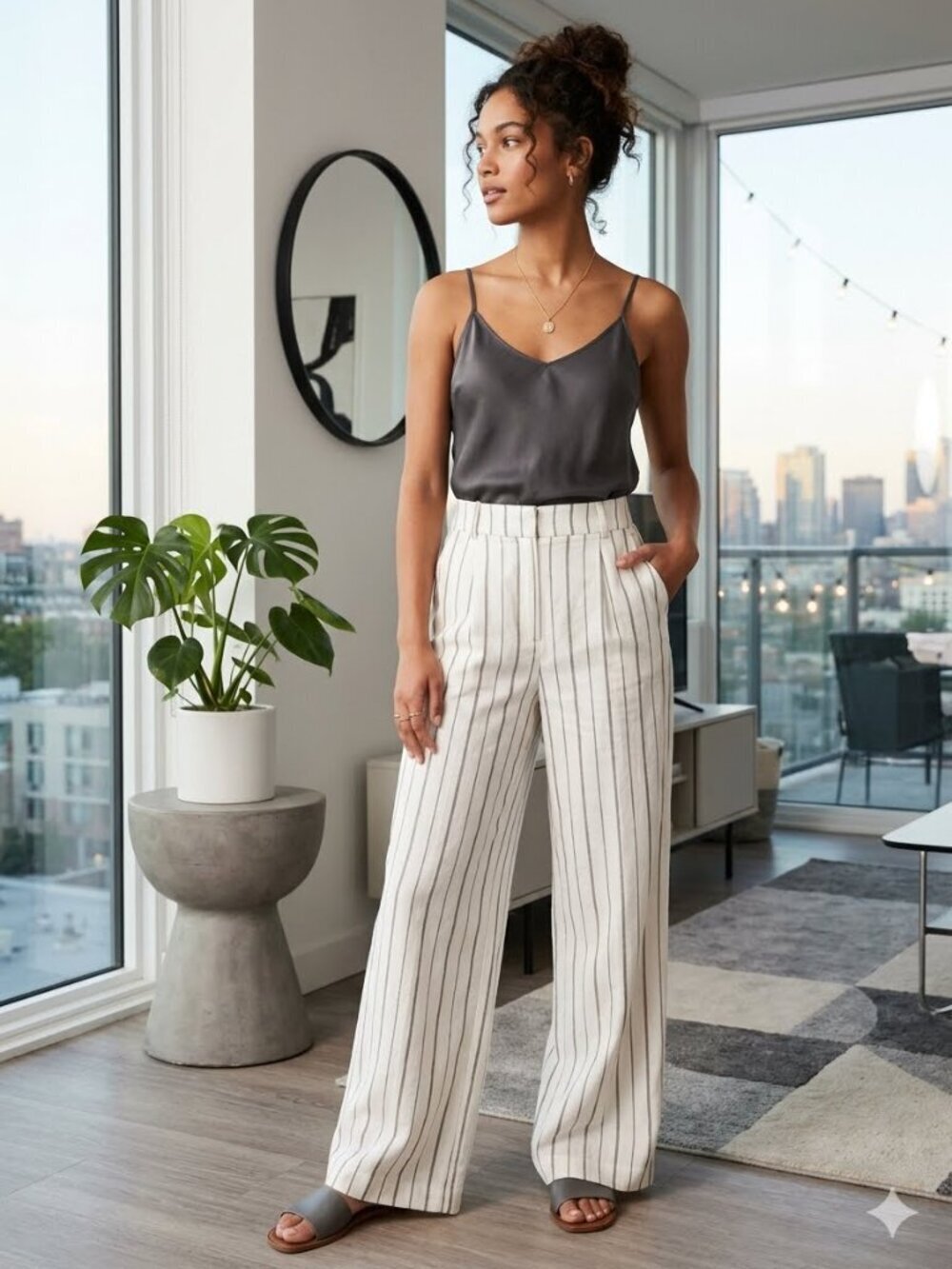Old Navy XL Gray Striped Linen Extra High Rise Pockets Taylor Wide Leg Trouser